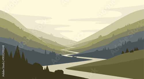 Calming illustration showing a river winding through misty, forested mountains in muted greens and grays, creating a peaceful and scenic landscape, suitable for travel or nature themes.
