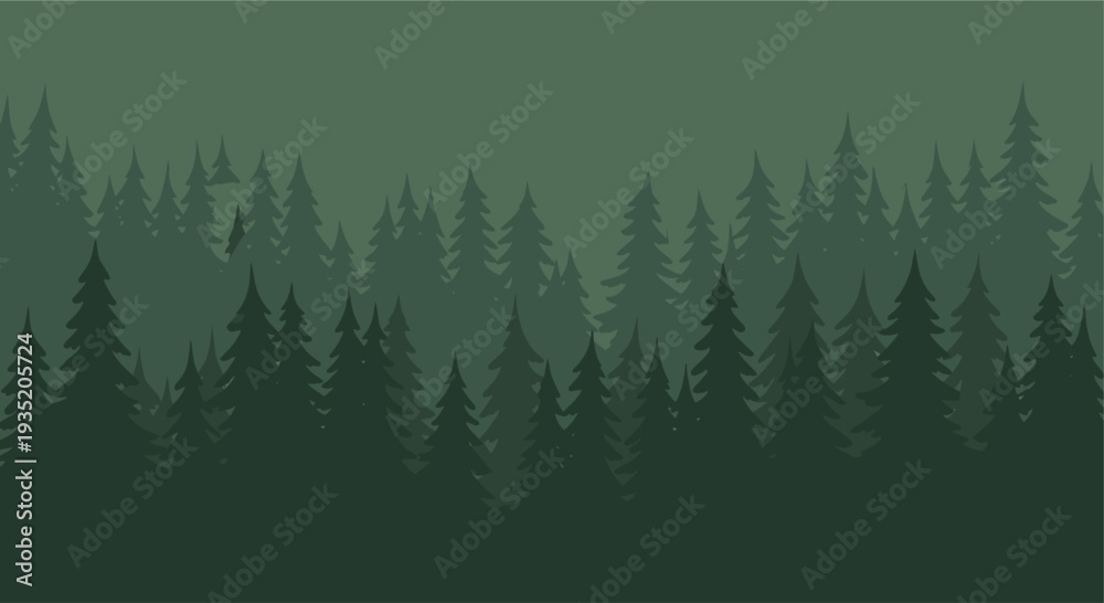 Obraz premium A stylized illustration features a silhouette of evergreen trees against a muted green background, evoking a peaceful and calming mood, suitable for nature-themed designs.