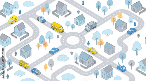 Seamless Isometric Cartoon Town Map Pattern with Cute Houses, Roads, and Community Vehicles for Kids' Designs and Urban Themes