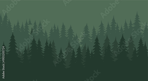 A stylized illustration features a silhouette of evergreen trees against a muted green background, evoking a peaceful and calming mood, suitable for nature-themed designs.
