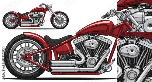 Detailed Illustration of a Custom Red Motorcycle Engine.