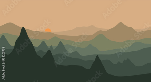 A serene vector landscape illustration of mountains silhouetted against a soft sunset sky, evoking a sense of calm and wanderlust. Suitable for backgrounds, posters, and web design.