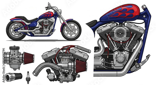 Custom Motorcycle Engine and Parts Illustration.