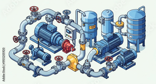 Industrial water pump system with pipes and valves.