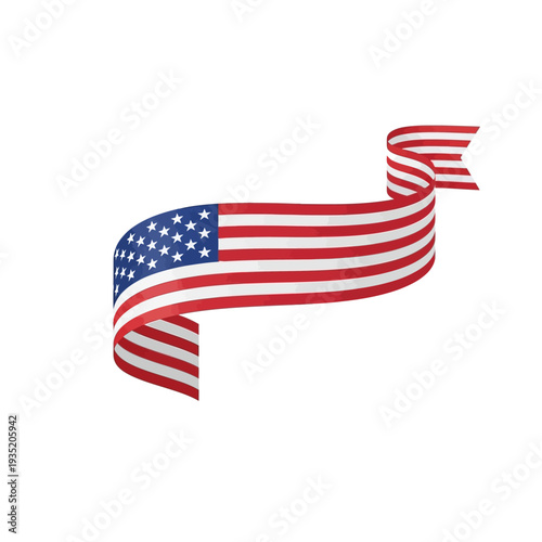 An elegant American flag ribbon unfurling against a clean white background, symbolizing patriotism and national pride