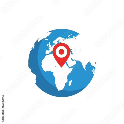 Global location marker on planet earth, representing worldwide travel and navigation services