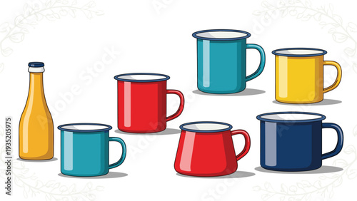Collection of colorful enamel camping mugs in red, blue, teal, and yellow along with a yellow glass bottle on a white background.