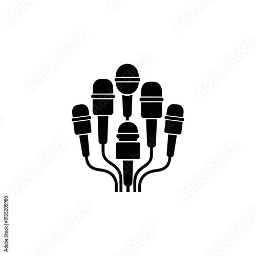 Simple flat vector icon depicting a group of dynamic microphones, ideal for representing press conferences, public speaking, media coverage, and communication