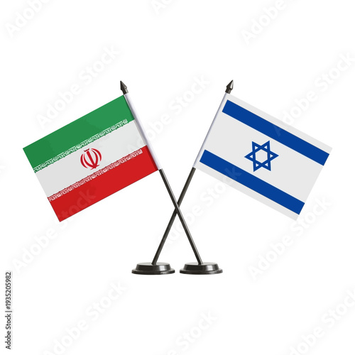 Two national flags, Iran and Israel, crossed on a white background, symbolizing international relations and diplomacy