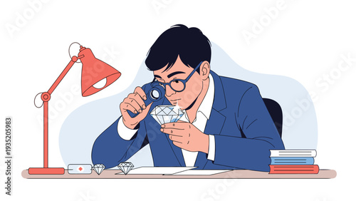 Professional jeweler wearing glasses and a suit carefully examining a large diamond through a magnifying glass at his workplace desk.