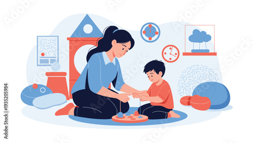 Caring mother sitting on the floor and playing with her young son using colorful educational toys in a cozy childs playroom.