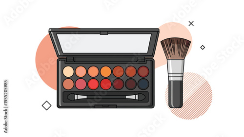 Professional eyeshadow makeup palette with a wide range of colors from nude to dark tones, accompanied by a fluffy application brush, flat vector.