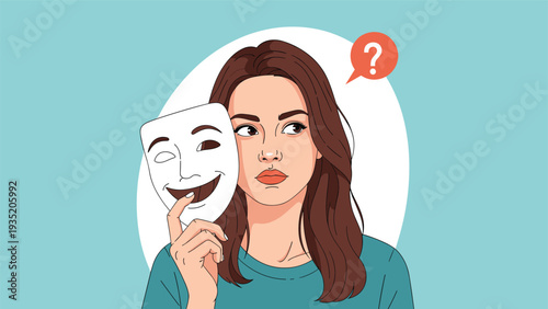 Young woman holding a smiling theatrical mask while her real face shows a pensive and thoughtful expression with a question mark.