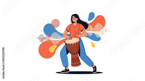 Energetic woman plays a djembe drum surrounded by colorful, abstract sound waves that represent the rhythm and joy of music, flat vector illustration.