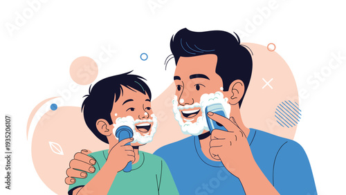 Happy father and his young son apply shaving foam and pretend to shave together during a morning bathroom routine.