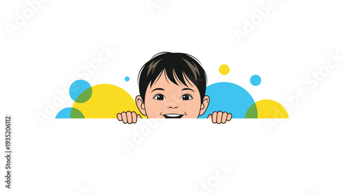 Cute, smiling young boy peeks over a clean white border with vibrant, colorful circles in the background, perfect for a playful banner or frame.