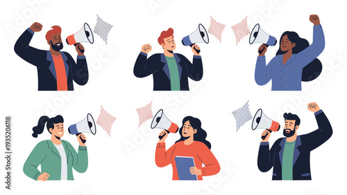 Group of diverse men and women shouting through megaphones to express their opinions or protest for a social cause.