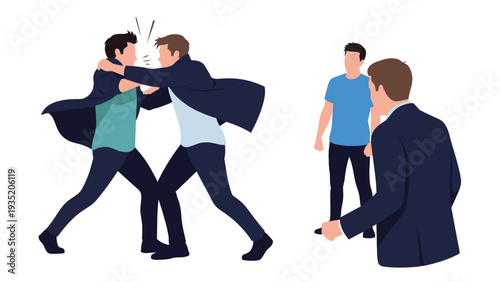 Intense physical fight between two men on the street while other people watch the conflict in a public setting.