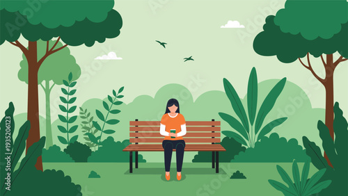 Lone woman sits peacefully on a wooden park bench surrounded by lush green trees and plants in a quiet forest.