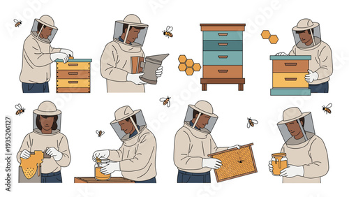 Professional beekeepers wearing protective suits work with beehives to collect fresh honey from frames and glass jars.