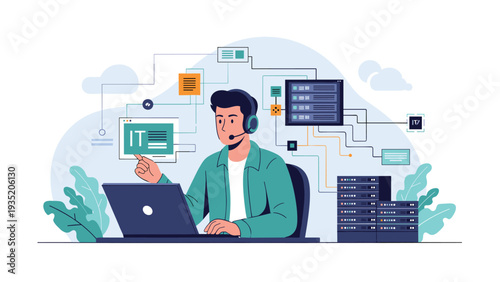 Professional IT specialist wearing a headset works on a laptop surrounded by digital server and network connectivity icons.
