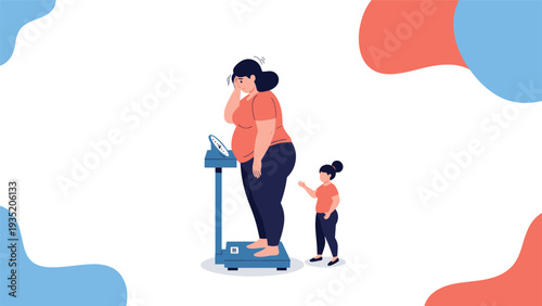Overweight woman looks down sadly while standing on a weight scale as her young daughter watches in the background.
