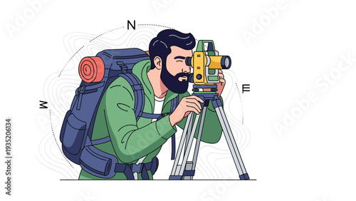 Land surveyor wearing a green jacket and backpack uses a professional measuring instrument on a tripod outdoors.