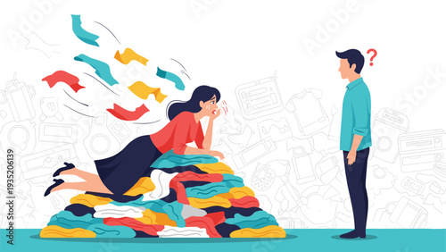 Overwhelmed woman lies on a huge pile of messy laundry while a confused man looks at her in their cluttered home.