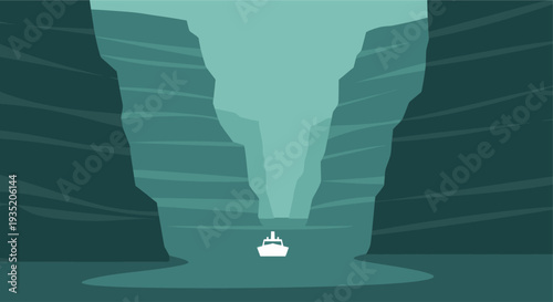 Small white boat navigates through a tight, tall sea cave with turquoise water, creating a sense of adventure and exploration in a minimalist, flat style illustration.