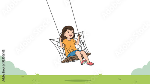 Joyful young girl with brown hair enjoys playing on a rope net swing outdoors in a green public park on a sunny day.