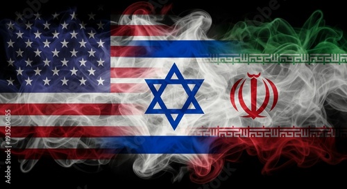A symbolic representation of the flags of the United States, Israel, and Iran amidst smoke