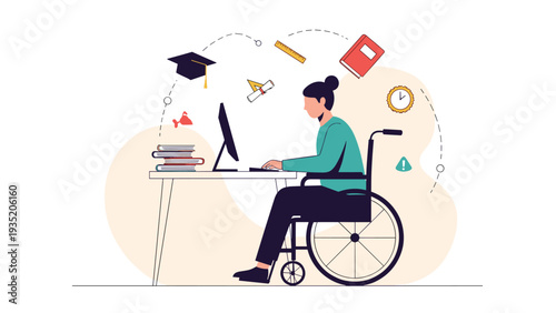 Determined woman in a wheelchair works at a desk with a computer surrounded by floating higher education icons.