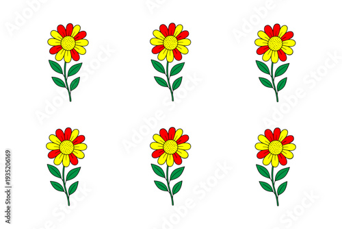 A collection of six brightly colored cartoon style flowers with red petals and yellow centers