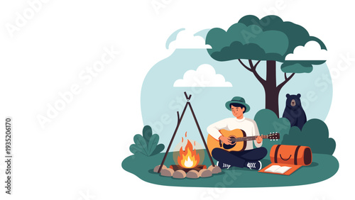 Man plays an acoustic guitar by a glowing campfire in a forest while a black bear watches him from the bushes.