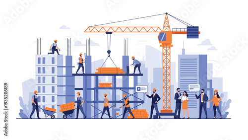 Busy construction site with many workers, heavy machinery, and a tall yellow crane building a new city skyscraper.