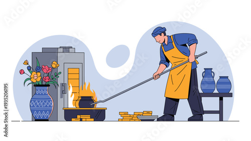 Traditional potter wearing a blue hat and yellow apron uses a long tool to place a ceramic pot inside a hot kiln.