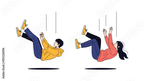 Man and woman wearing casual clothes fall through the white air illustrating a feeling of losing control or failing.