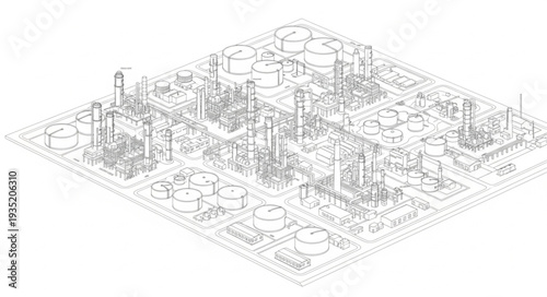 Industrial complex with many towers and tanks isometric view.