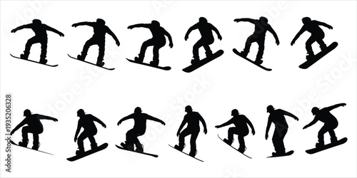 Twelve Black Silhouettes of Snowboarders in Action on White Background snowboarding sport