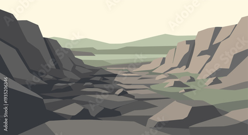 A minimalist vector illustration of a rocky canyon landscape, featuring abstract geometric shapes, muted earth tones, and a sense of depth, perfect for backgrounds or design elements.