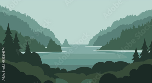 A calm and tranquil vector illustration featuring a lake surrounded by lush green mountains and pine forests, perfect for backgrounds or nature-themed designs.