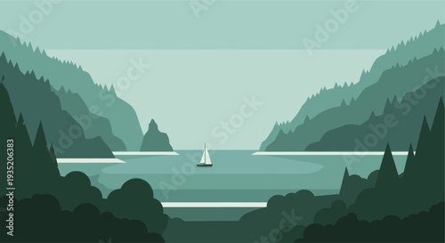 A vector illustration of a sailboat sailing on a lake surrounded by mountains, set in muted green and blue tones, creating a peaceful and scenic vista.