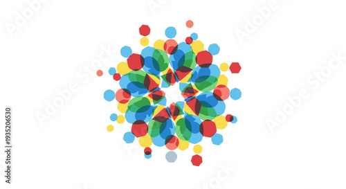 A vibrant, colorful abstract circular pattern with overlapping translucent shapes creating a sense of energy and movement.