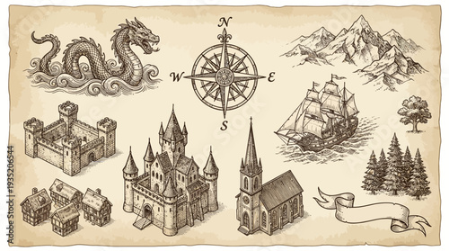 Vintage Fantasy Map Elements Set with Hand-Drawn Sea Monster, Castle, Ship, Compass, Mountains & Trees. Old Map Adventure & Medieval Era Engraving Illustrations.