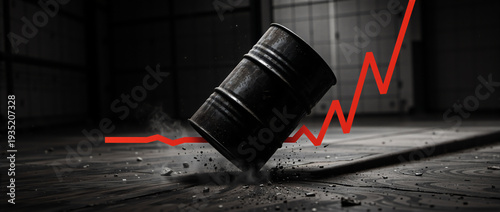 Tipping oil barrel with a rising red line graph in a dark industrial setting. Oil market shock and price spike concept. Industrial drum falling on floor with economic chart