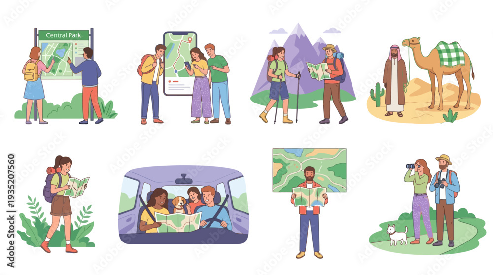 Fototapeta premium Travel & Navigation Illustrations: Diverse People Using Maps, GPS, and Exploring Various Destinations