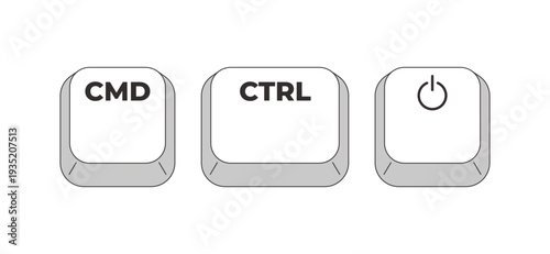 CMD CTRL Power grayscale keyboard hotkey. Forced system restart reset. Device reboot. Troubleshooting. Minimal shortcut keys. Monochrome combination buttons for productivity. Vector illustration