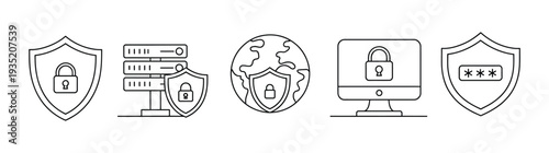 Set of security icons illustrating online protection and safety measures for global networks and digital data, conveying a sense of secure and reliable technology for businesses and individuals