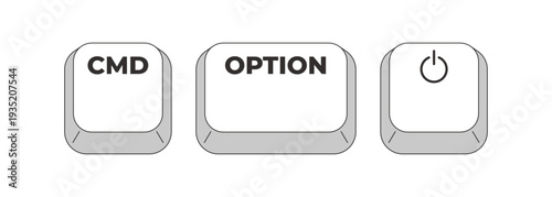 CMD Option Power grayscale keyboard hotkey. Sleep mode. Hibernate system command. Standby function. Minimal shortcut keys. Monochrome combination buttons for productivity. Vector illustration