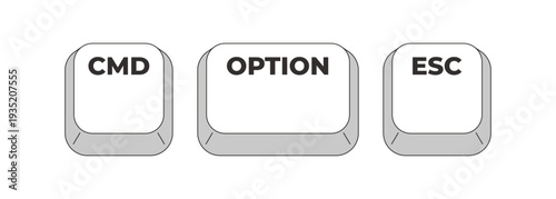 CMD Option ESC grayscale keyboard hotkey. Forced quit function to close unresponsive frozen application. Minimal shortcut keys. Monochrome combination buttons for productivity. Vector illustration